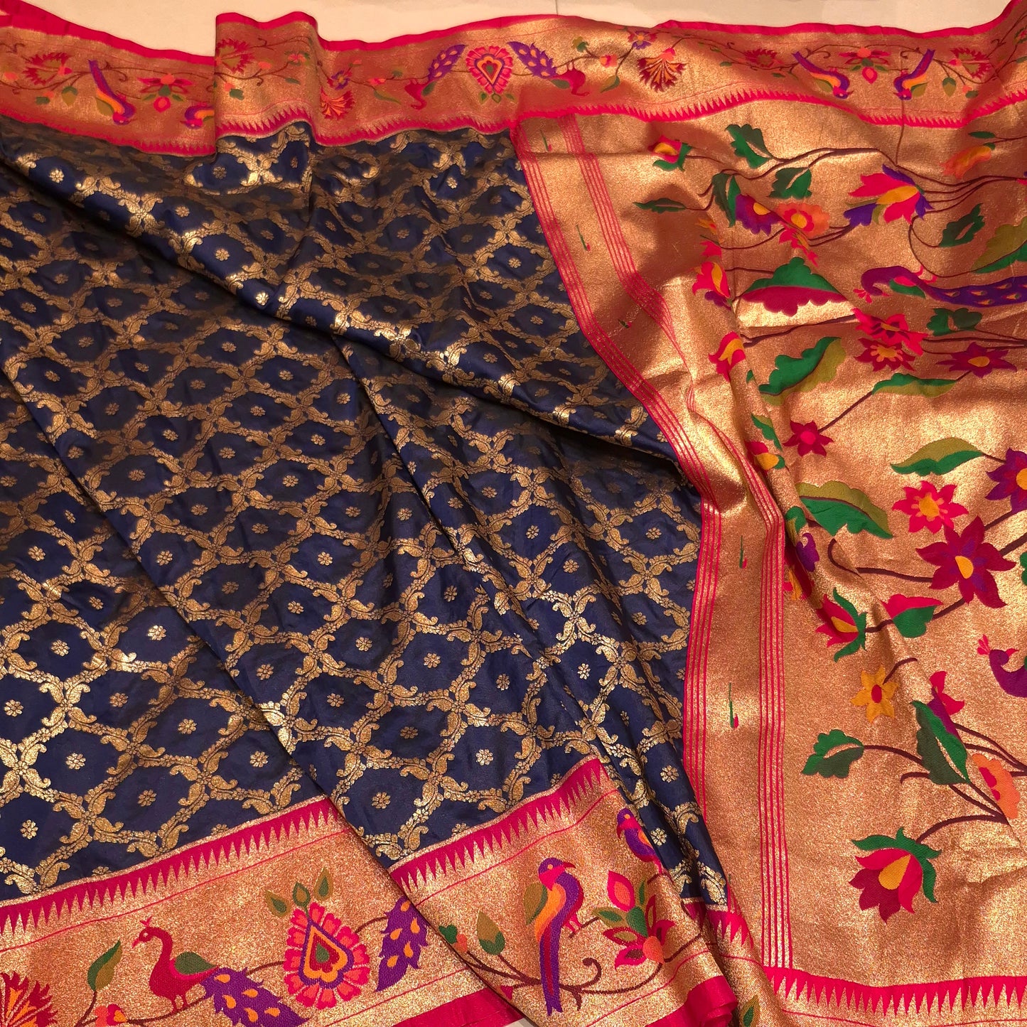 Pure handloom Banarasi silk with paithani borders and pallu