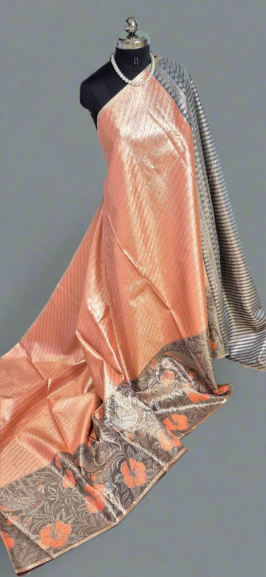 Orange and Grey Kanchi Tissue With Meenakari Border.