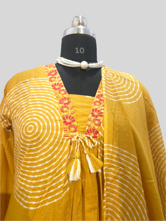 Mustard Yellow Cotton 3pc Suit with Embroidery