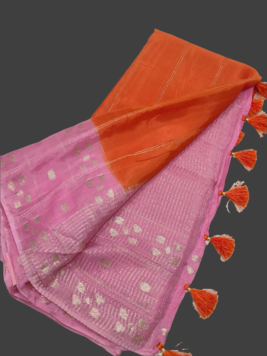 Orange n Pink  elegant Semi Mysore Crepe Silk saree with Gold zari weaving borders