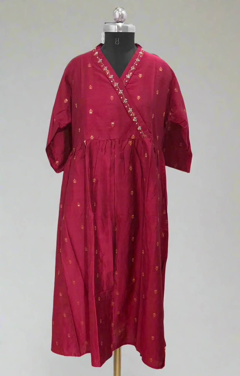Maroon Color Raw Silk Frock with Handwork