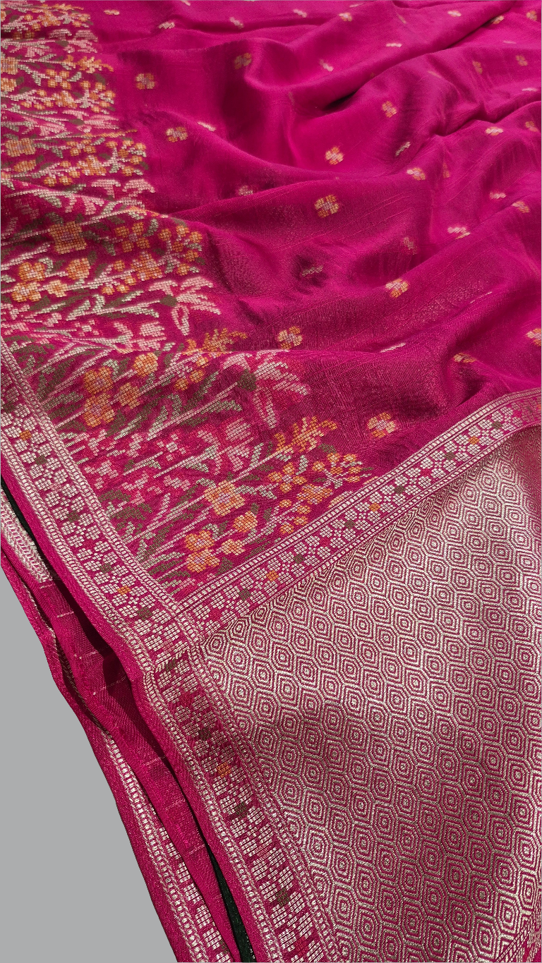 Pink and Green Handloom Matka Silk With Jamdani weaving