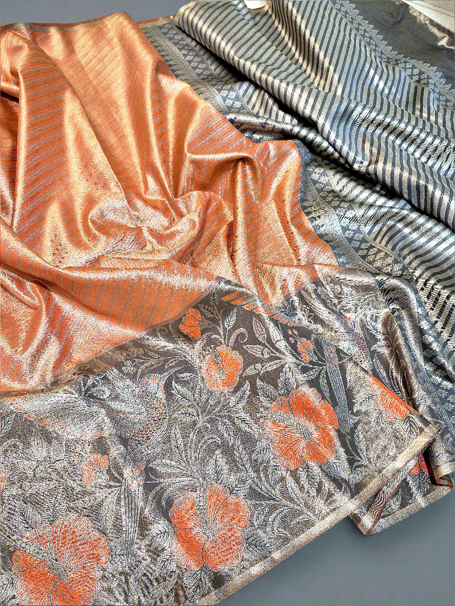 Orange and Grey Kanchi Tissue With Meenakari Border.
