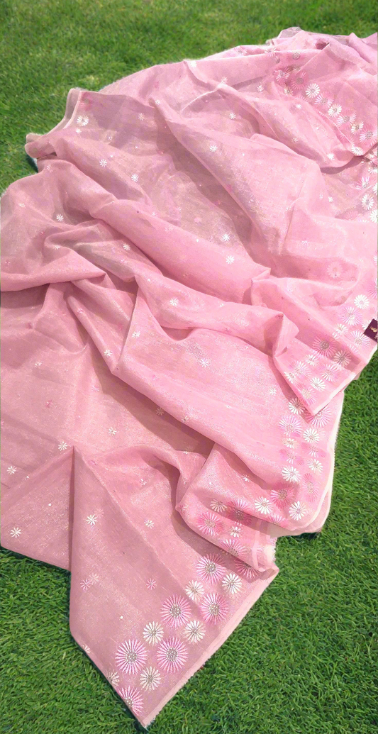 Pastel Pink Lenin Tissue Saree With Embroidery & Mirror work