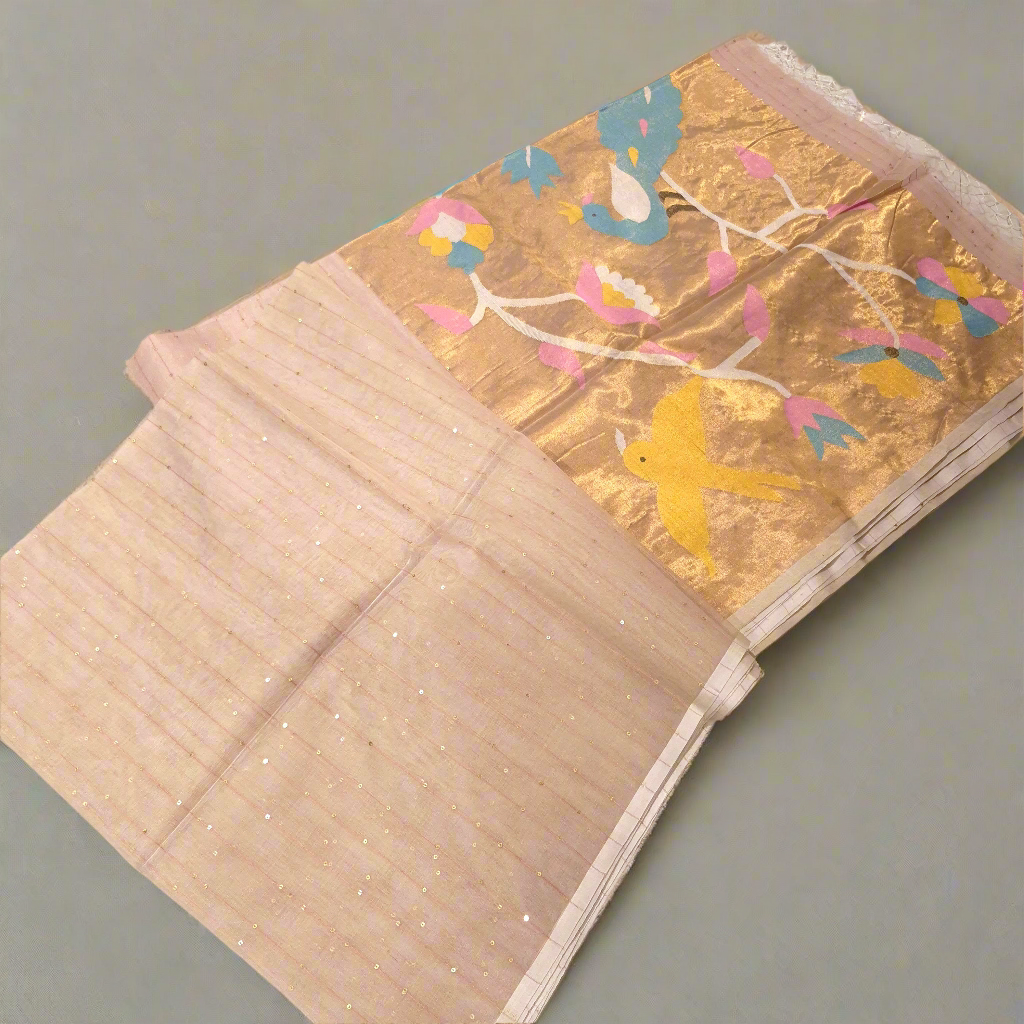 Elegant and Classy Cream Colour Muslin Jamdani Tissue weaving Saree