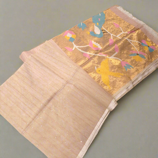 Elegant and Classy Cream Colour Muslin Jamdani Tissue weaving Saree