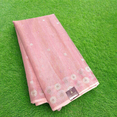 Pastel Pink Lenin Tissue Saree With Embroidery & Mirror work