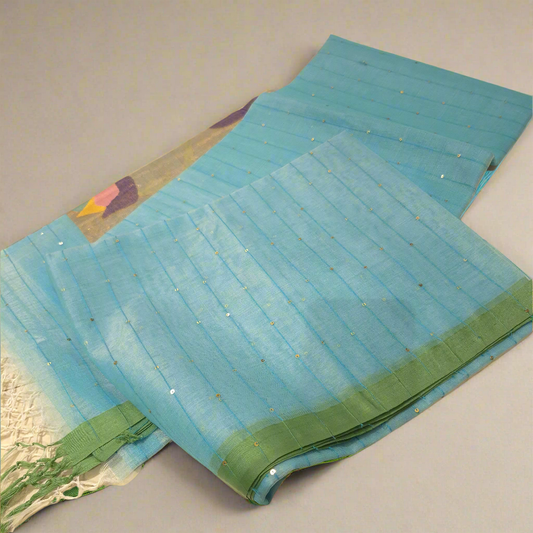 Elegant and Classy Blue Colour Muslin Jamdani Tissue weaving Saree