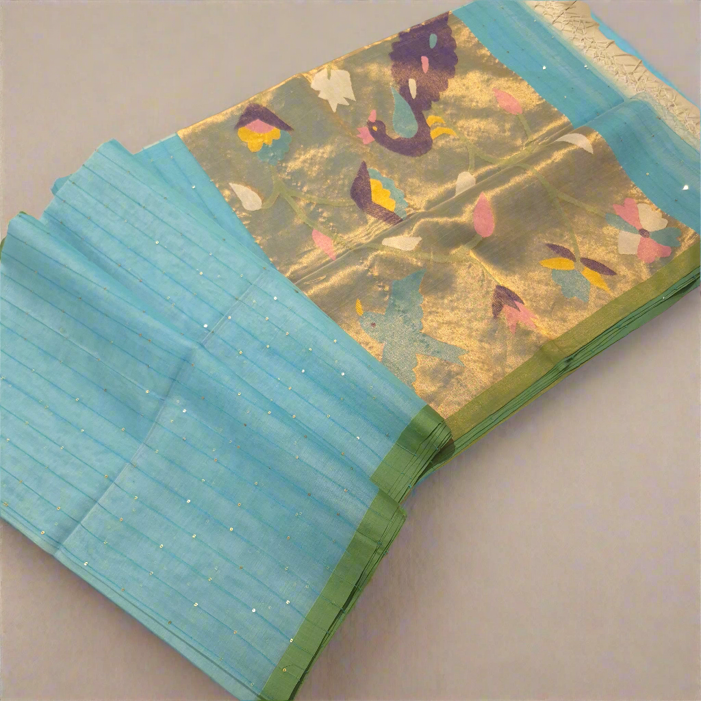 Elegant and Classy Blue Colour Muslin Jamdani Tissue weaving Saree