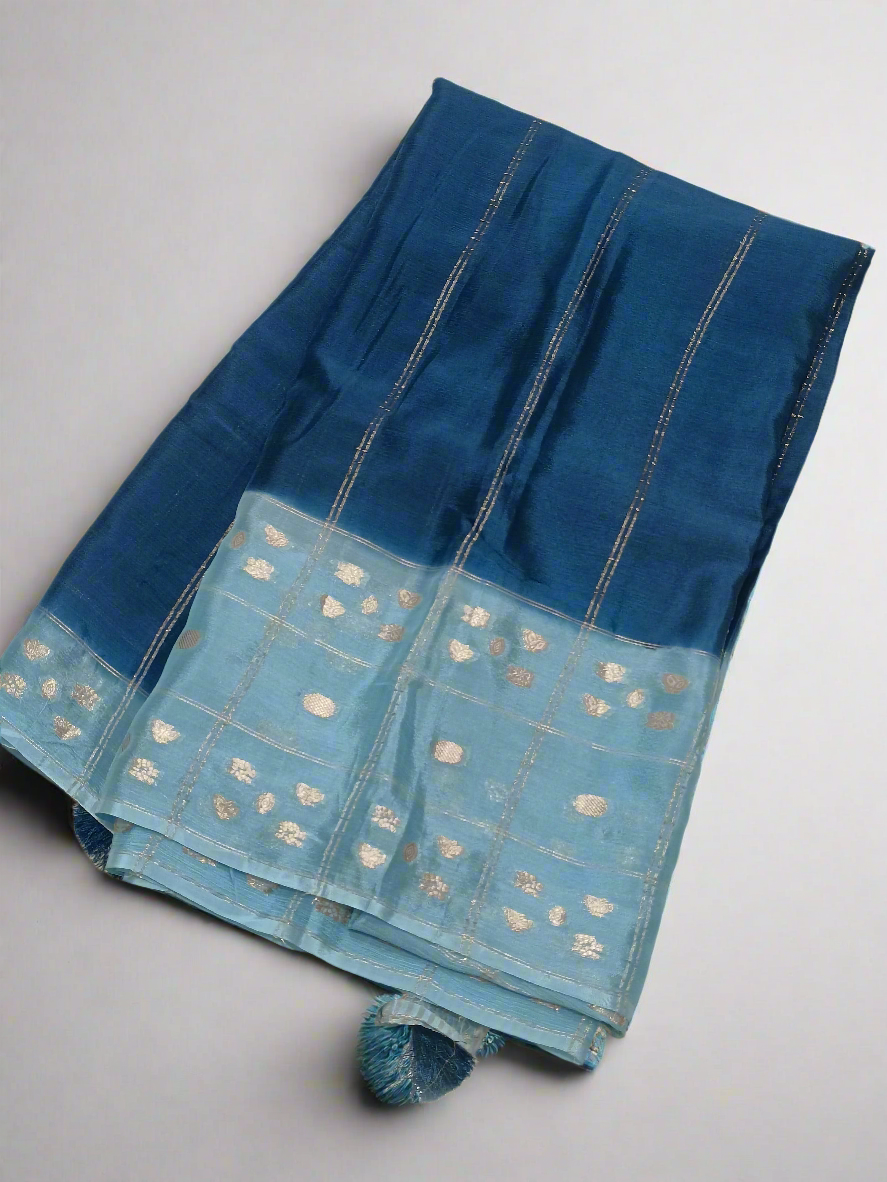 Dark blue n light blue elegant Semi Mysore Crepe Silk Saree with nice weaving buta borders