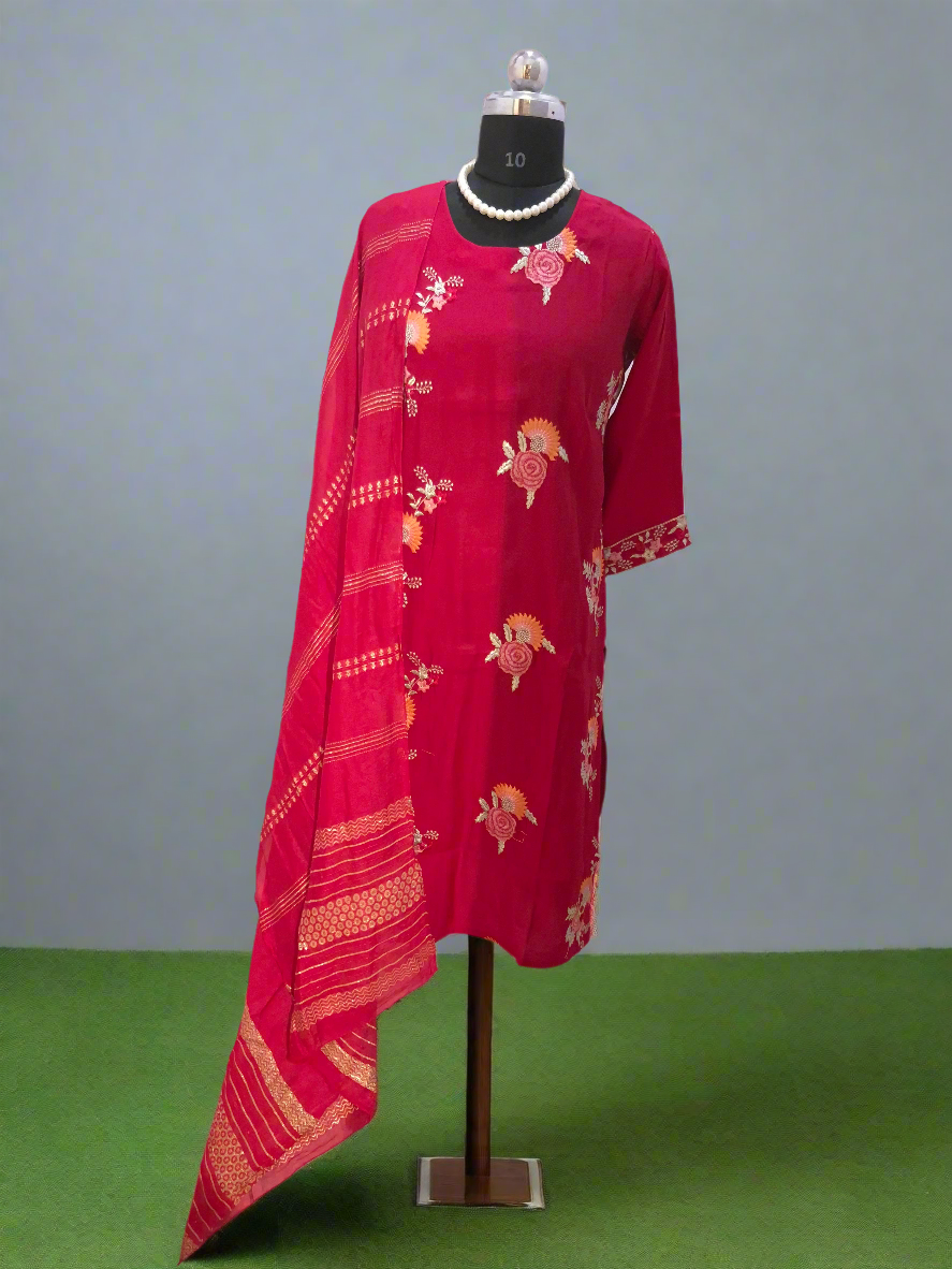 Rose Colour Victorian Silk 3pc suit with Embroidery