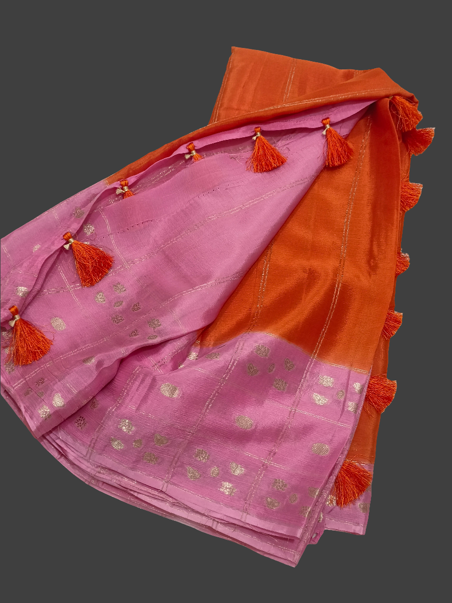 Orange n Pink  elegant Semi Mysore Crepe Silk saree with Gold zari weaving borders