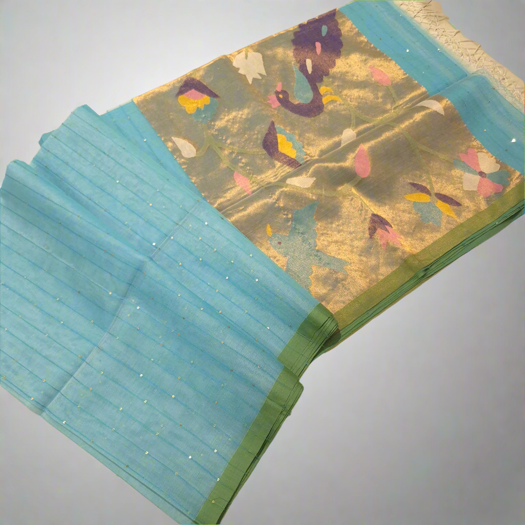 Elegant and Classy Blue Colour Muslin Jamdani Tissue weaving Saree