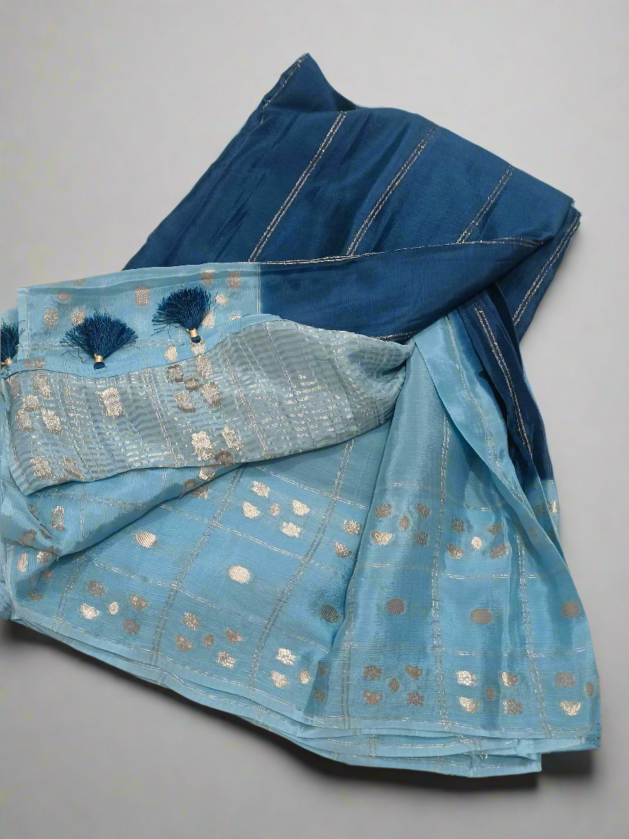Dark blue n light blue elegant Semi Mysore Crepe Silk Saree with nice weaving buta borders