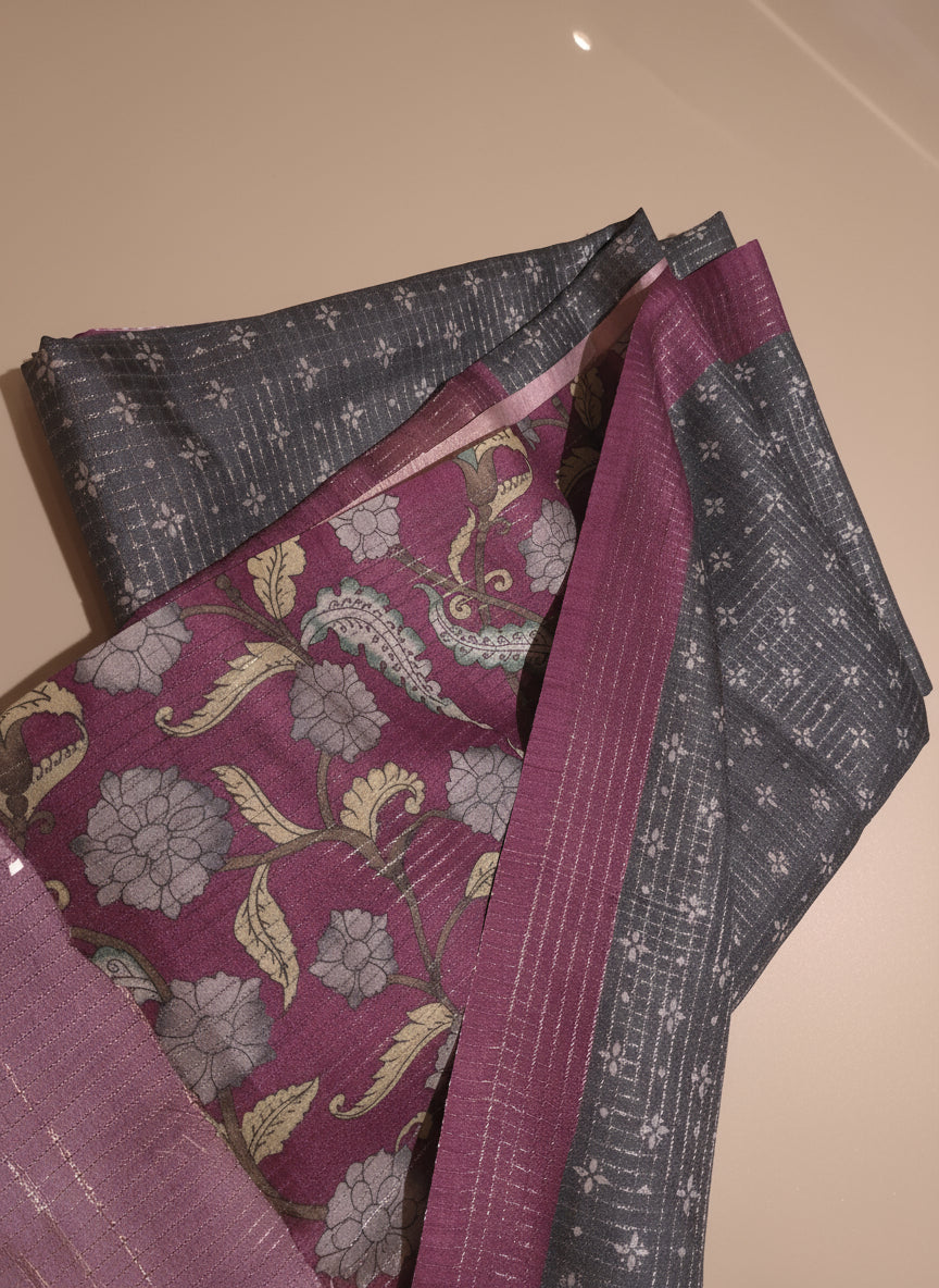 Elegant Premium Grey tussar Silk with Vintage Checks along with beautiful Kalamkari blouse