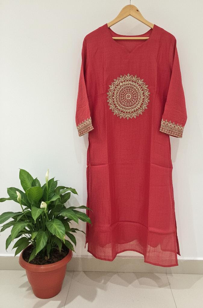 RED PARTY WEAR MUSLIN CHANDERI SILK KURTA SUIT WITH WORK HAND EMBROIDERY