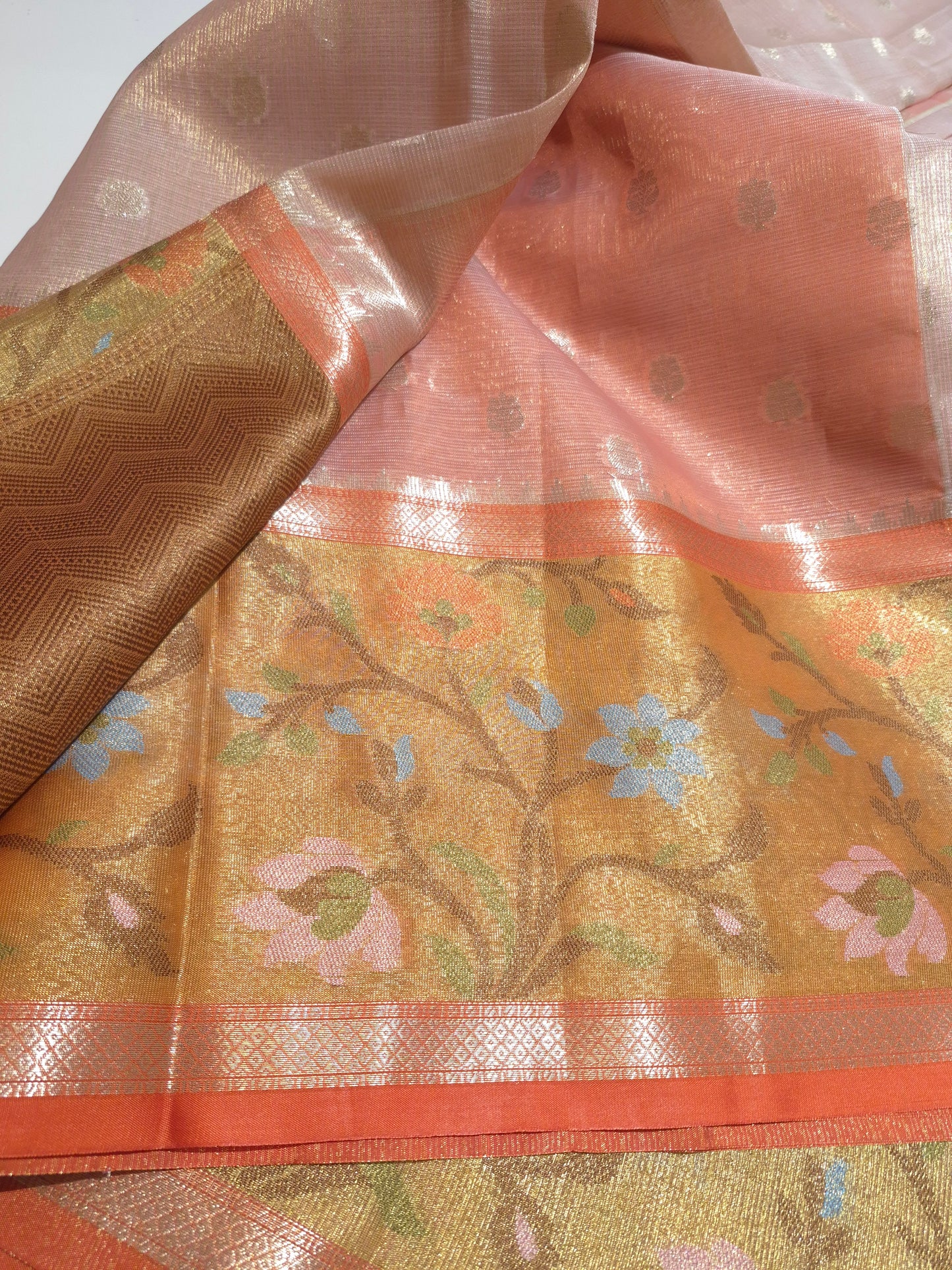 Elegant and Classy Peach Pink n Orange colour Silk Kota Saree