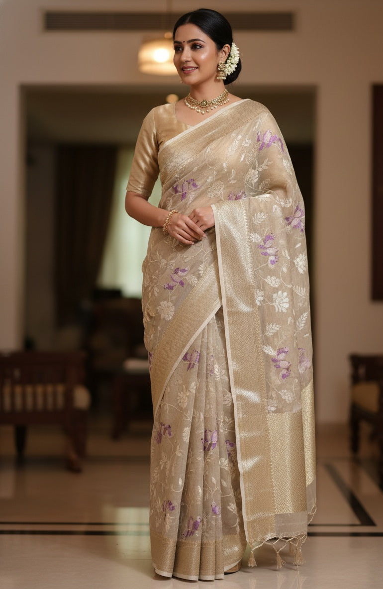 Kanchi Soft Tissue Silk Saree with beautiful embroidery along with grand kanchi weaving borders