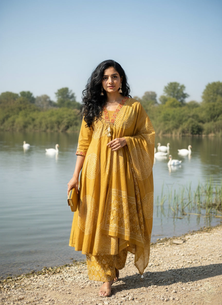 Mustard Yellow Cotton 3pc Suit with Embroidery