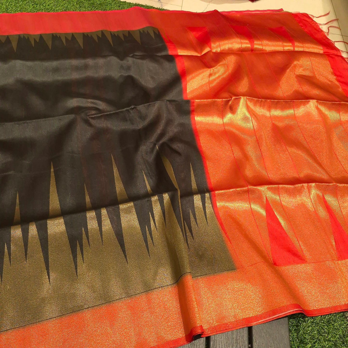 Black and Red Tussar Silk Saree with Ganga Jamuna Borders