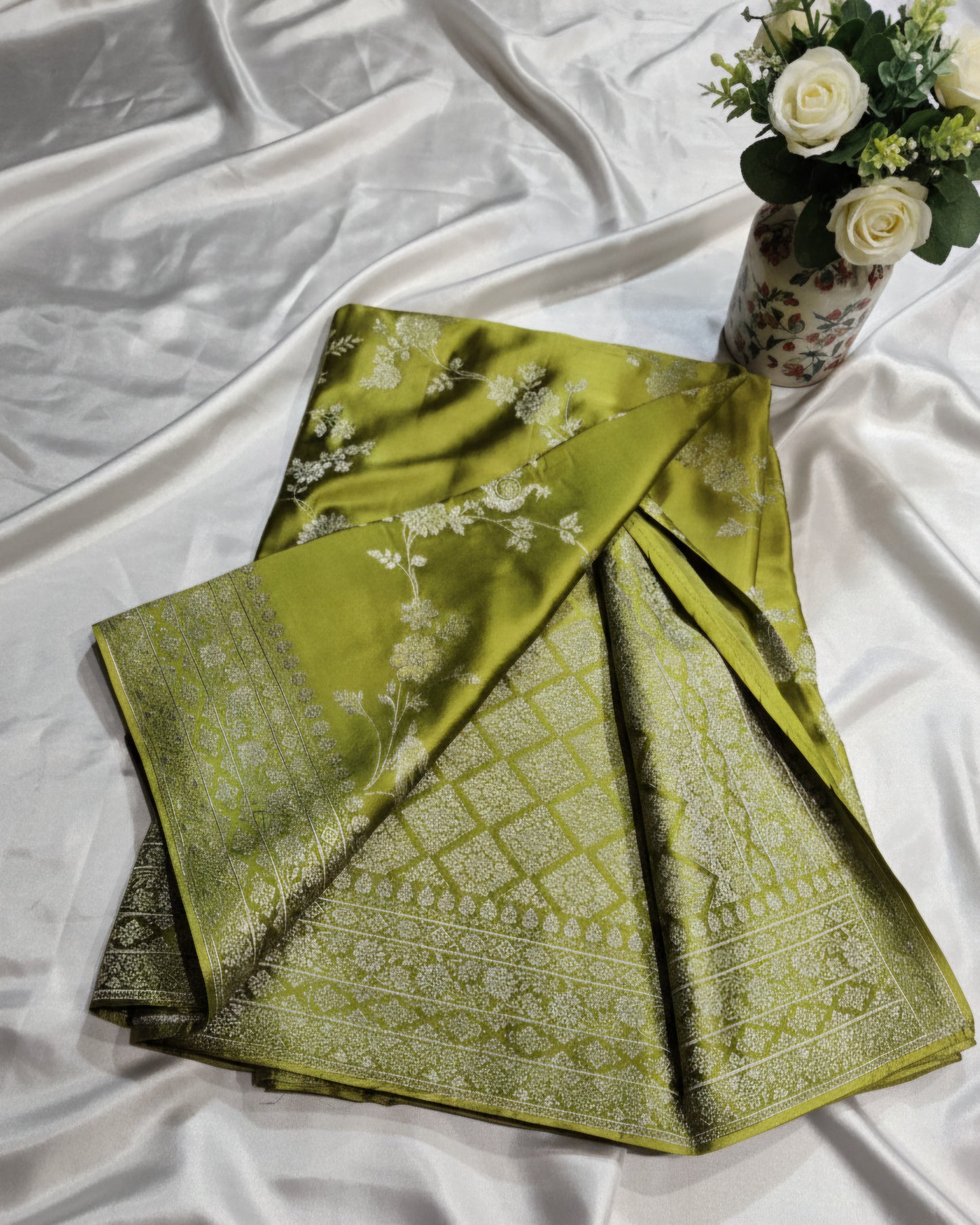 Green Banarasi Mashru silk with allover weaving saree