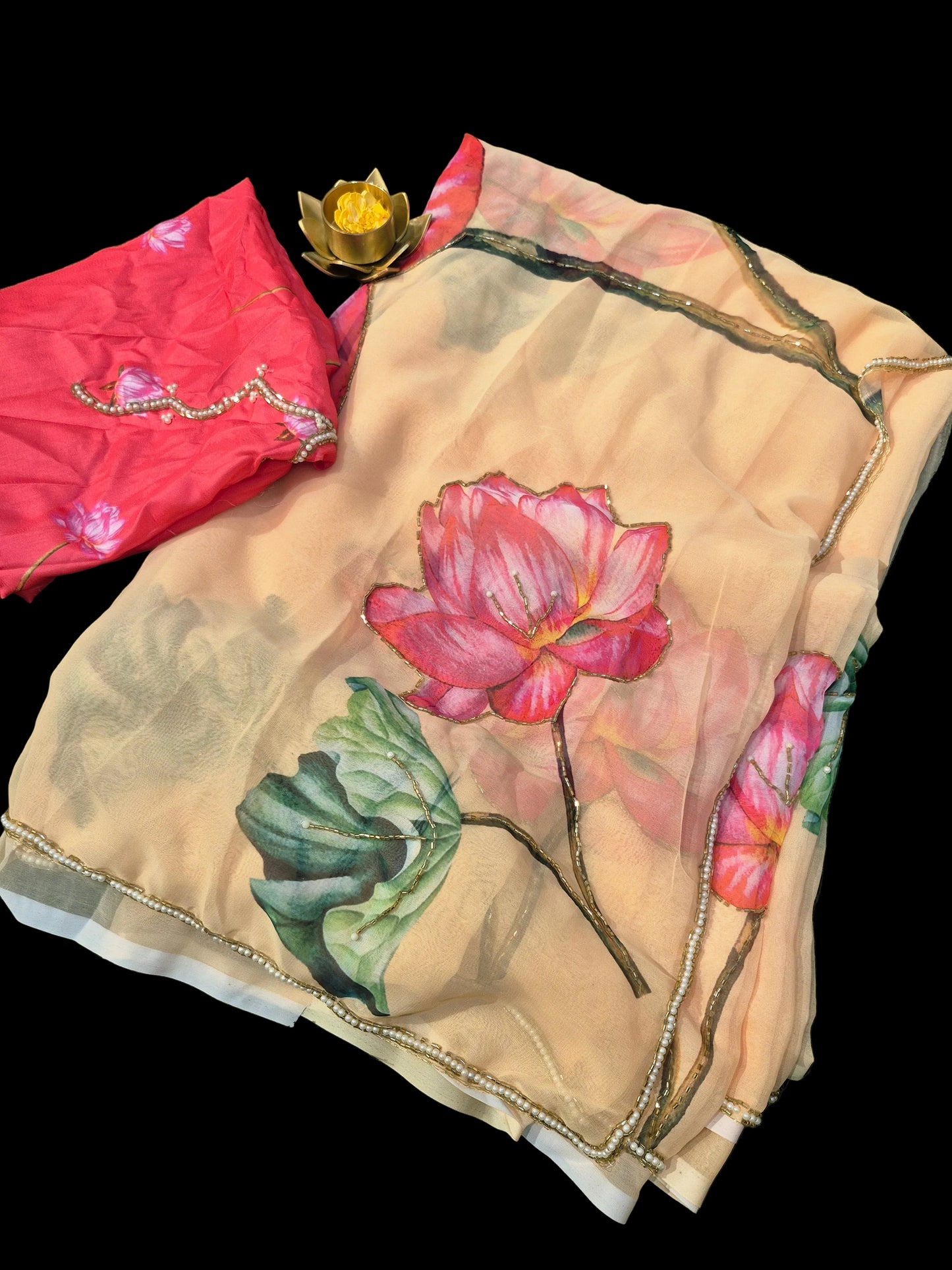 Party wear Chiffon Organza saree with beautiful digital print and handwork