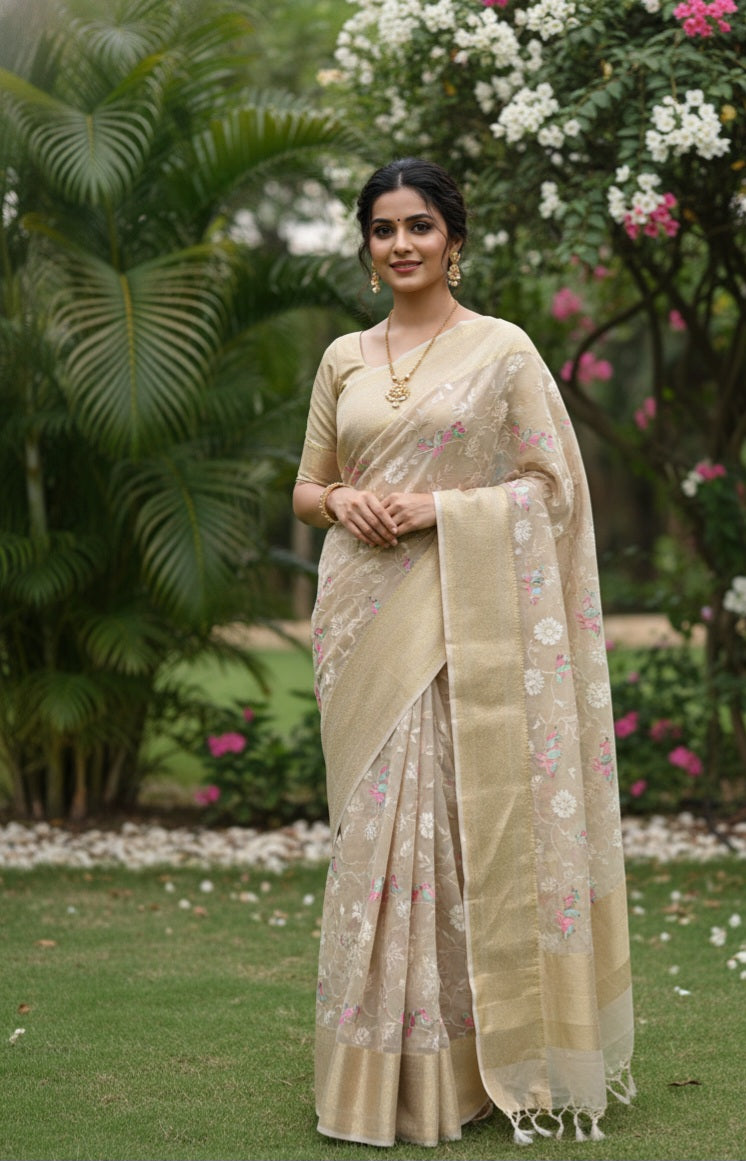 Kanchi Soft tissue Silk saree with beautiful embroidery along with grand kanchi weaving borders