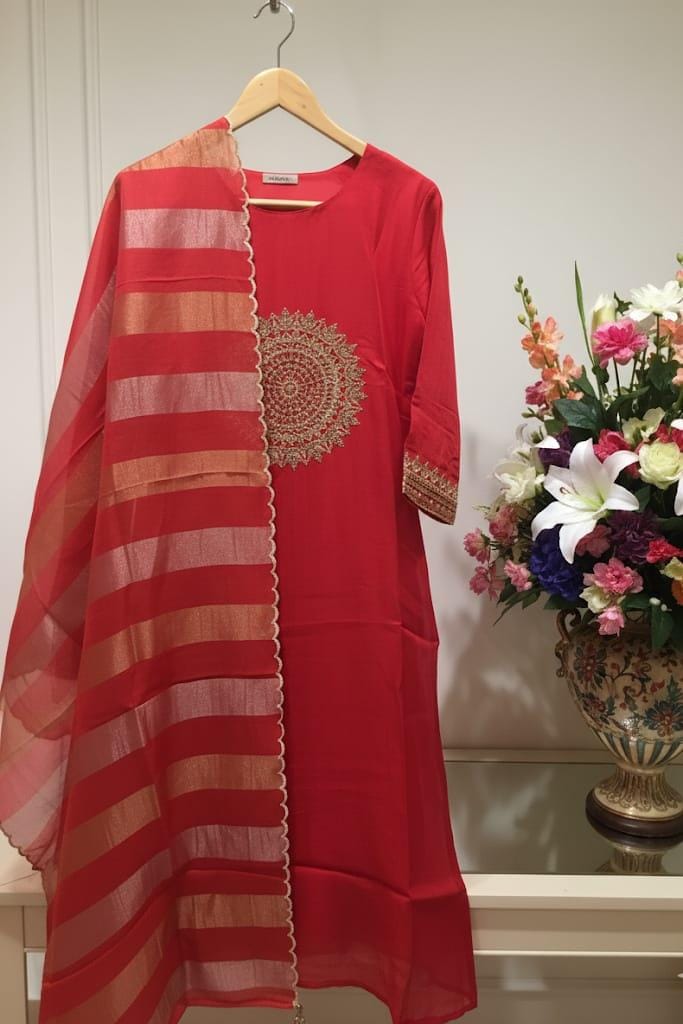 RED PARTY WEAR MUSLIN CHANDERI SILK KURTA SUIT WITH WORK HAND EMBROIDERY