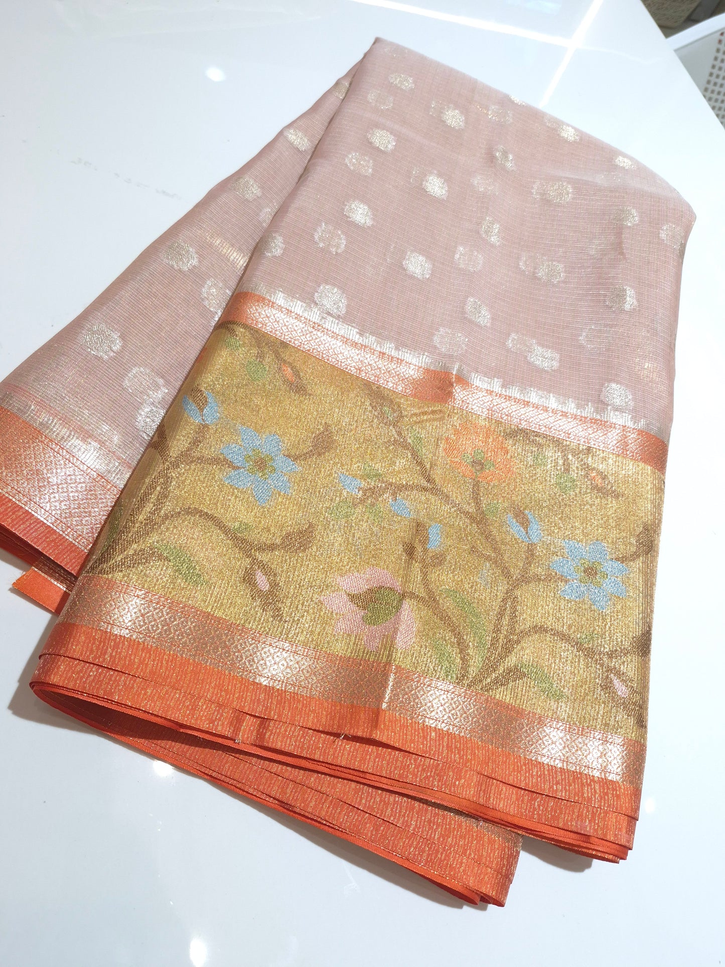 Elegant and Classy Peach Pink n Orange colour Silk Kota Saree