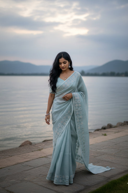 Lenin Tissue Saree With Embroidery & Mirror work