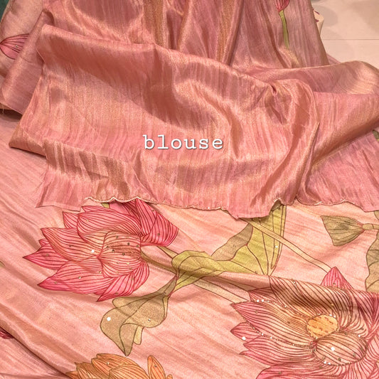 Exclusive Ivory Silk Saree with allover Pichwai design & Glassbead work