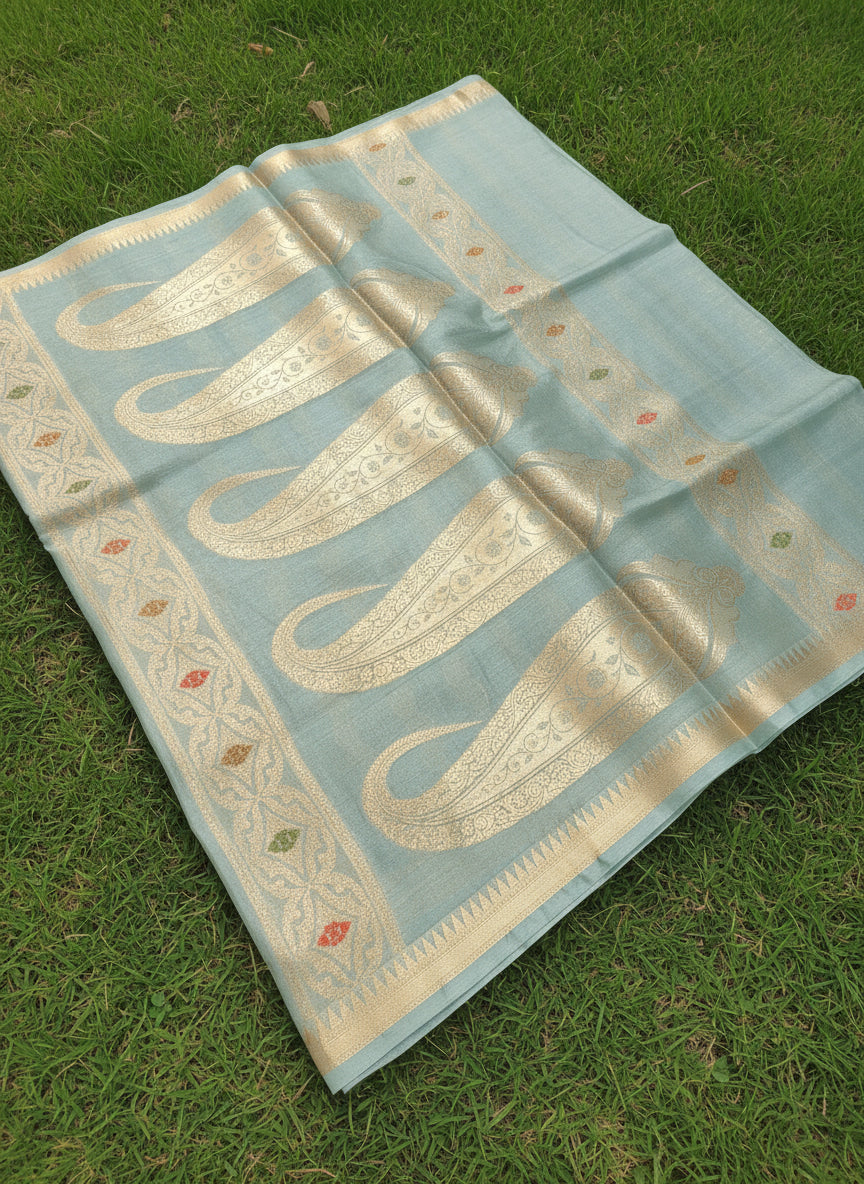 Elegant Pastel Blue Pure Raw mango Silk with Meena weaving butis
