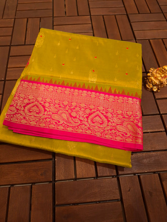 Elegnat Yellow n Pink Narayanapet pattu saree with traditional borders and rich pallu