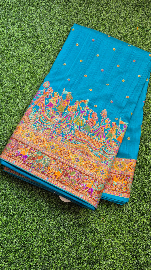 Blue Colour Tussar dupion Silk with beautiful tanjore Prints