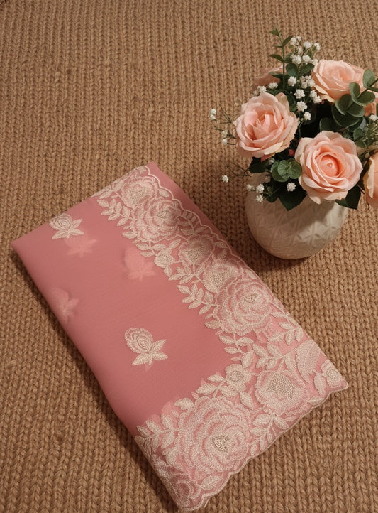 Elegant Kora Chiffon Saree With Beautiful Embroidery Work