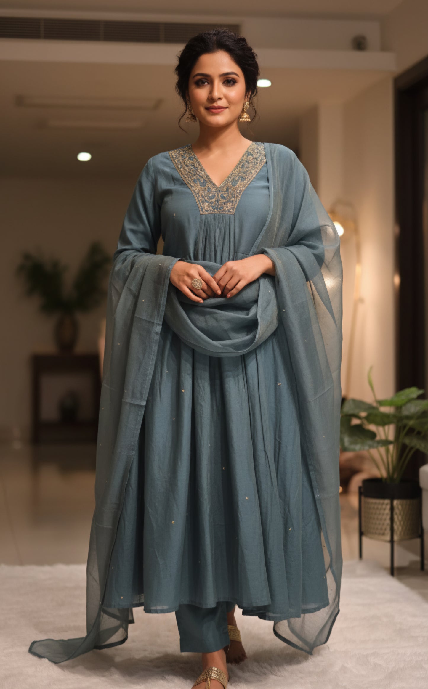 Classy blue Colour mulchanderi silk 3pc Suit with hand work