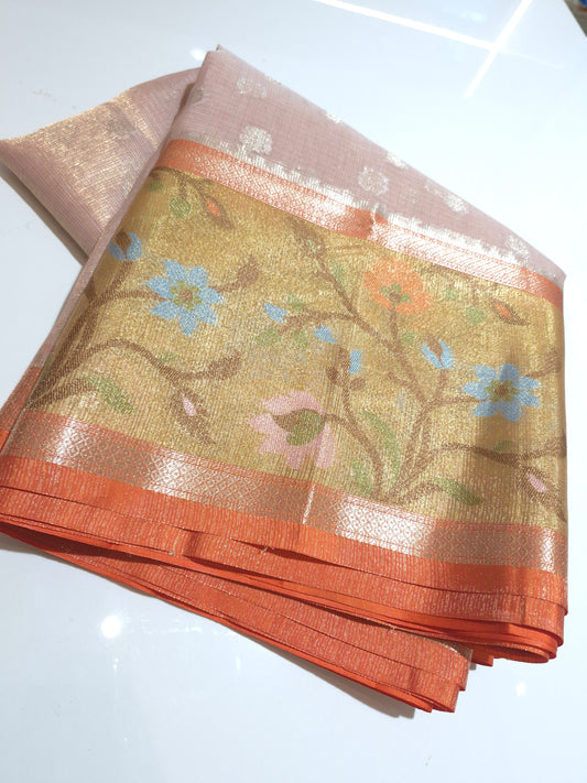 Elegant and Classy Peach Pink n Orange colour Silk Kota Saree