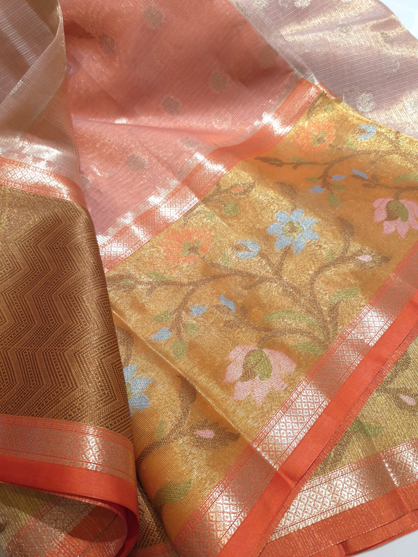 Elegant and Classy Peach Pink n Orange colour Silk Kota Saree