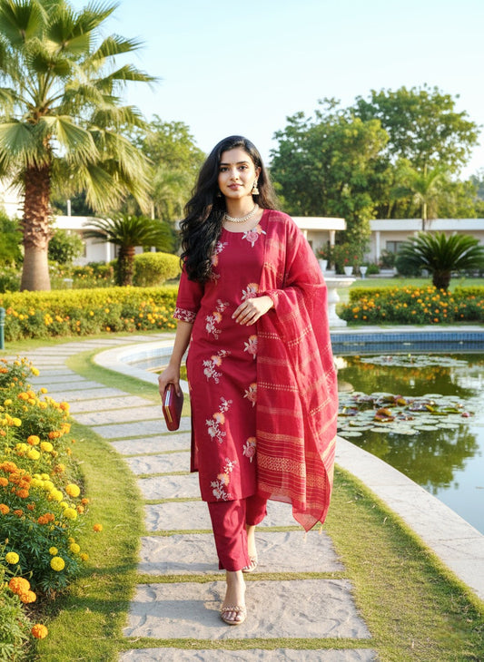 Rose Colour Victorian Silk 3pc suit with Embroidery