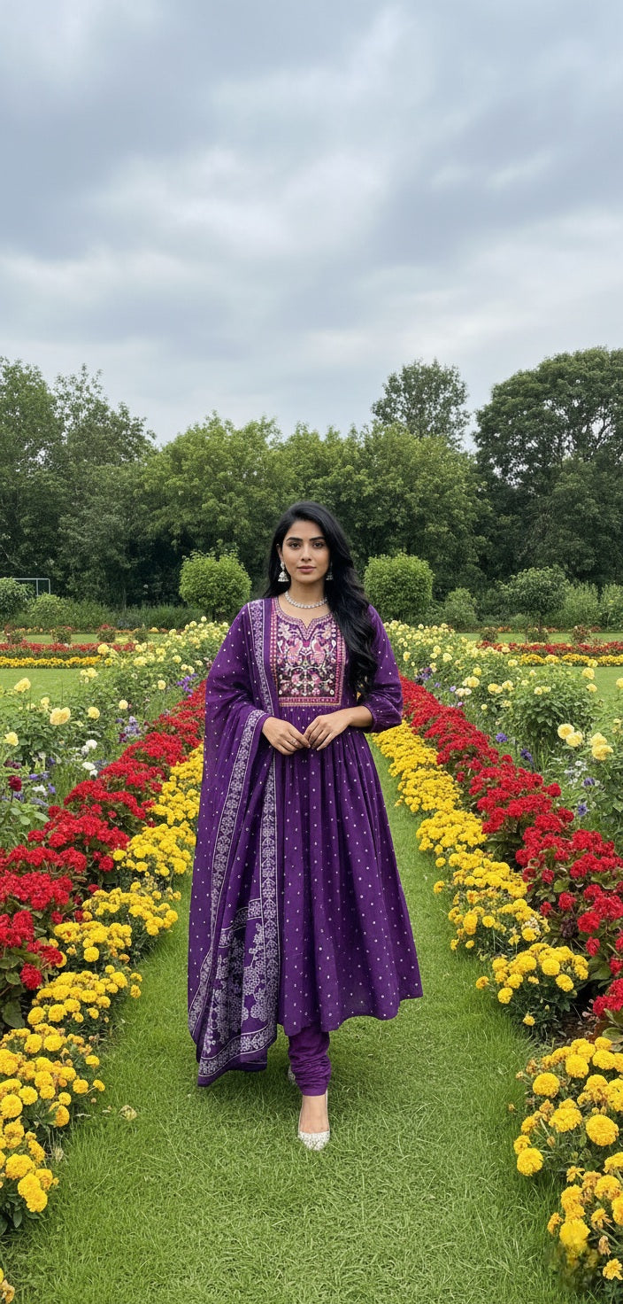 Purple Heavy Cotton 3pc Suit with Embroidery