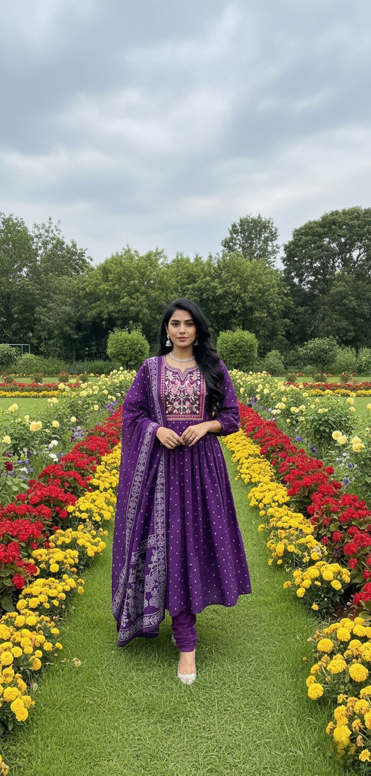 Purple Heavy Cotton 3pc Suit with Embroidery