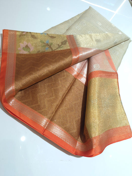Elegant Cream n Orange Silk Kota Saree with jamdani weaving borders