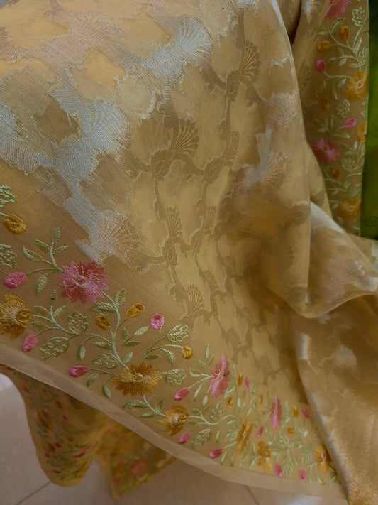 Party wear Pastel yellow kora weaving saree with beautiful embroidery borders