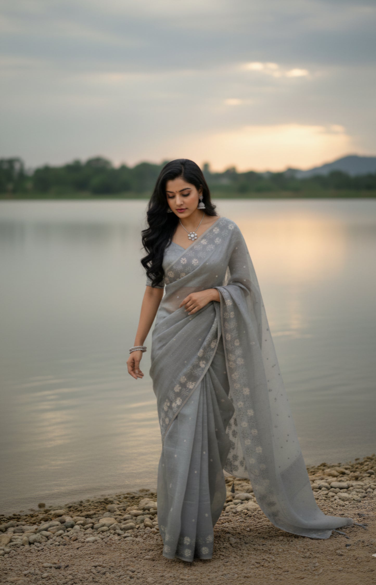 Lenin Tissue Saree With Embroidery & Mirror work