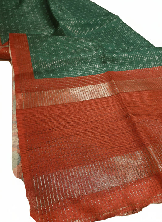 Elegant Premium Tussar Silk with Vintage Checks along with beautiful Kalamkari blouse