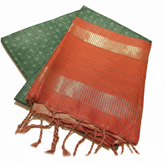 Elegant Premium Tussar Silk with Vintage Checks along with beautiful Kalamkari blouse