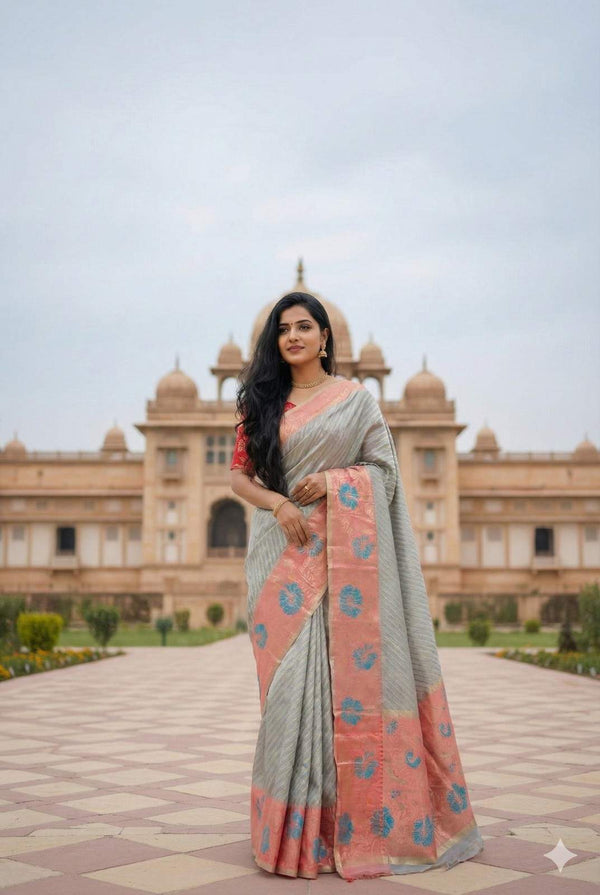Blue and Peach Kanchi Tissue Saree with Meenakari Border.