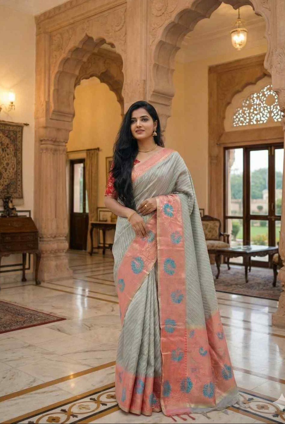 Blue and Peach Kanchi Tissue Saree with Meenakari Border.