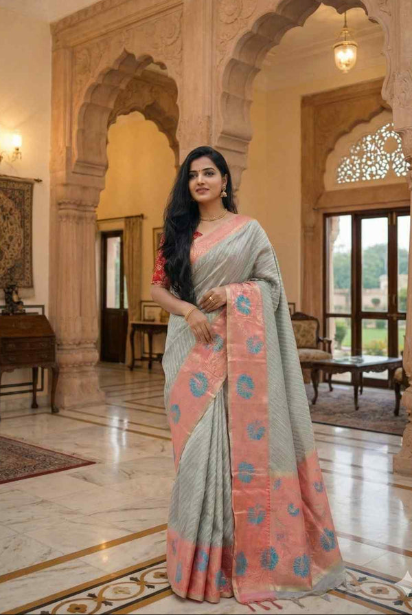 Blue and Peach Kanchi Tissue Saree with Meenakari Border.