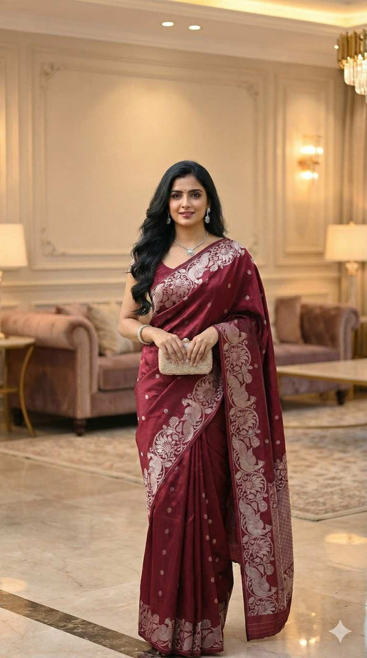 Crepe Satin Silk saree with Peacock Weaving